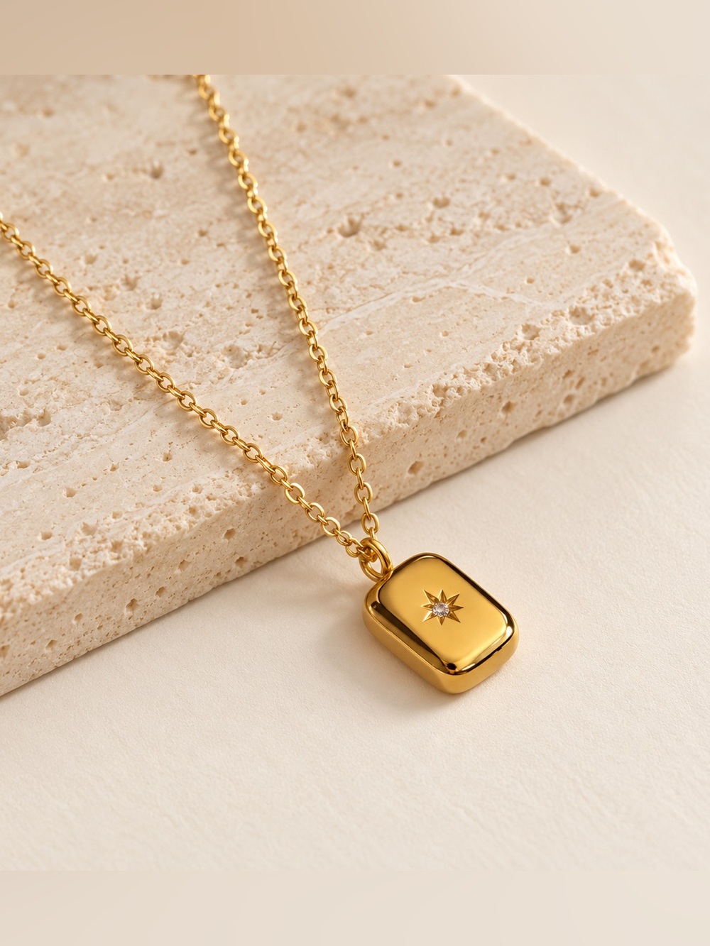 Gold Tone Eight-Point Star Rectangular Pendant Necklace Stainless Steel